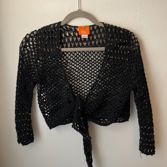 Hearts of Palm Top L Black Crochet Tie Front 3/4 Sleeves Beach Cover Up - Picture 2 of 8